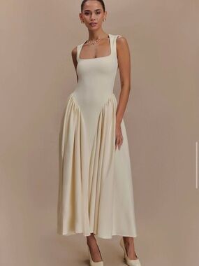 Meshki Cream Square-Neck Midi Dress